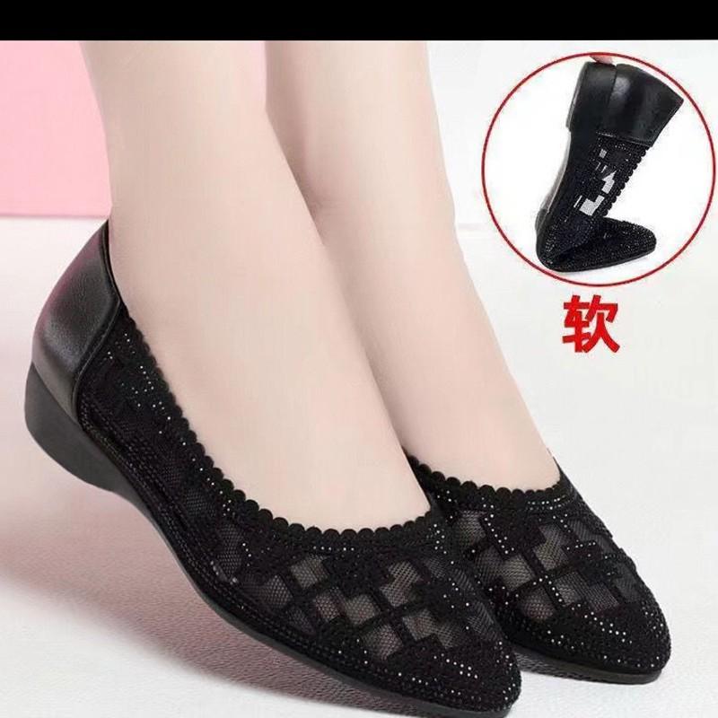 Real Soft Leather Bag Head Sandals Women's Spring Summer Flat Bottom Hollow Single Shoes Mesh Low Heel Mother Shoes Large Size Middle-aged Women