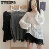 Hollow Knit Sweater for Women V-neck Long Sleeved Sexy See Through Loose Ice Silk Sweater Pullover Sweater