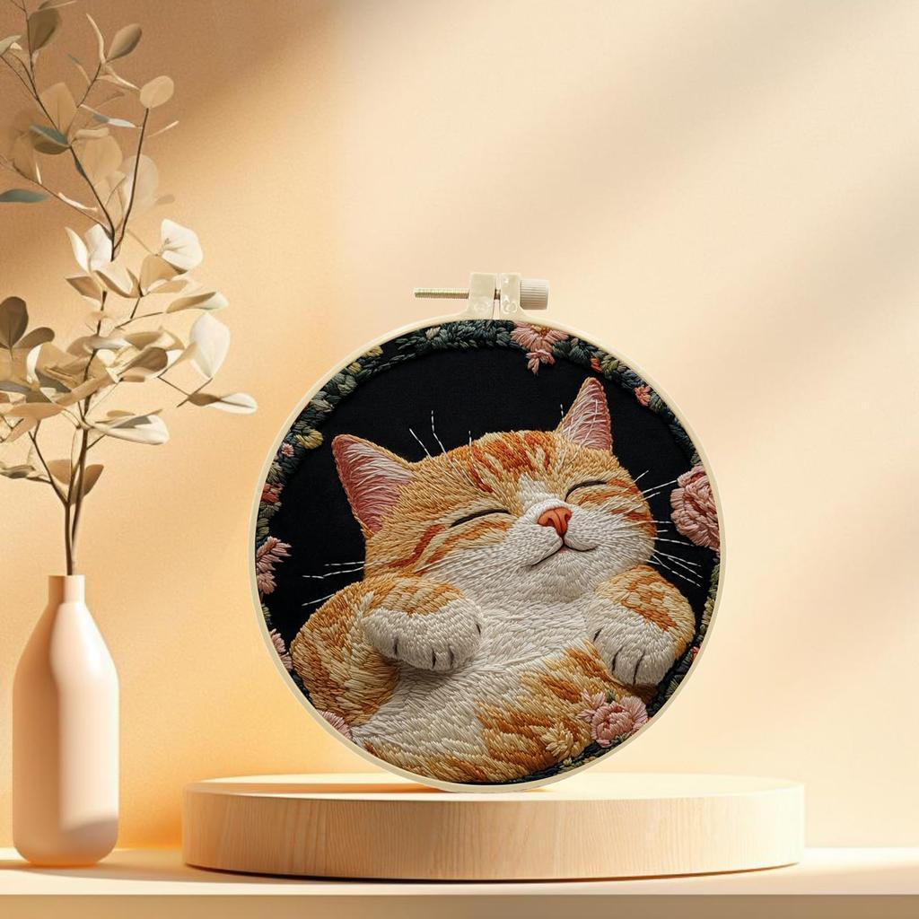 IUHUI Embroidery Kit for Advanced Adults Cute Cat Country II Pattern DIY Hand Stitch Embroidery Set with Hoop Cat - (Cute Flower)