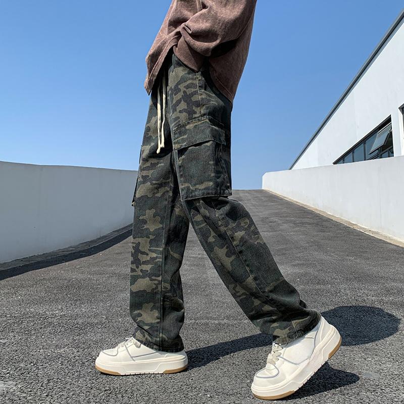 Прямые камуфляжные брюки, джинсы больших размеров с эластичной резинкой на талии, весенне-осенние мужские свободные брюки