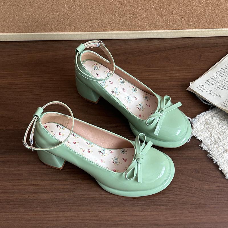 Single Shoes High Heels Bow Lace Single Shoes Women's Summer Sweet Platform Leather Shoes Lolita Thick Heel Mary Jane Shoes