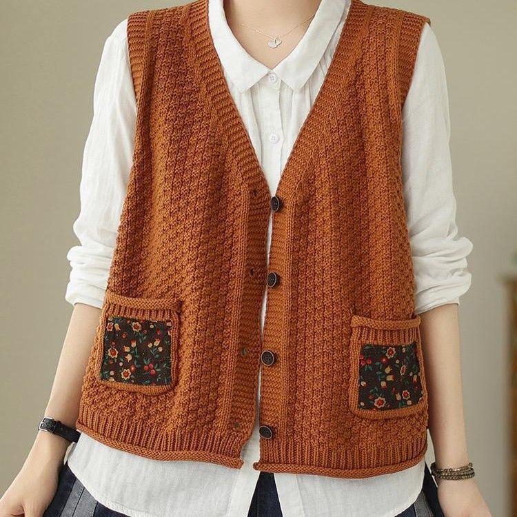 Женский вязаный жилет-кардиган из хлопка с цветочным накладным карманом, свободный и утягивающий, осенний повседневный с V-образным вырезом, без рукавов