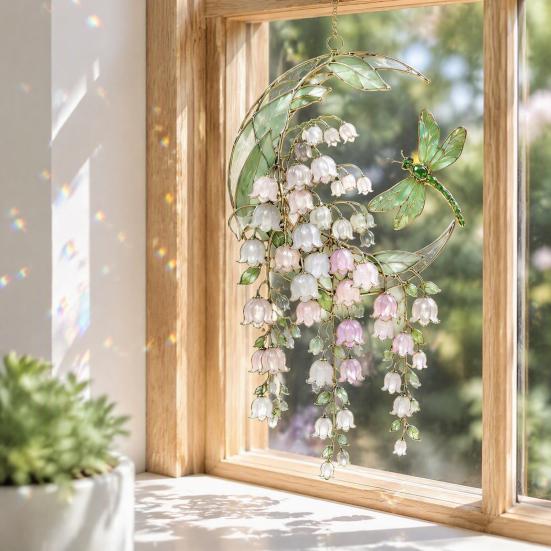 Rainbow Light Catcher for Window Stained Glass Style Flower Suncatcher, Lily of The Valley Dragonfly Shape Hanging Ornament Ornament, Floral