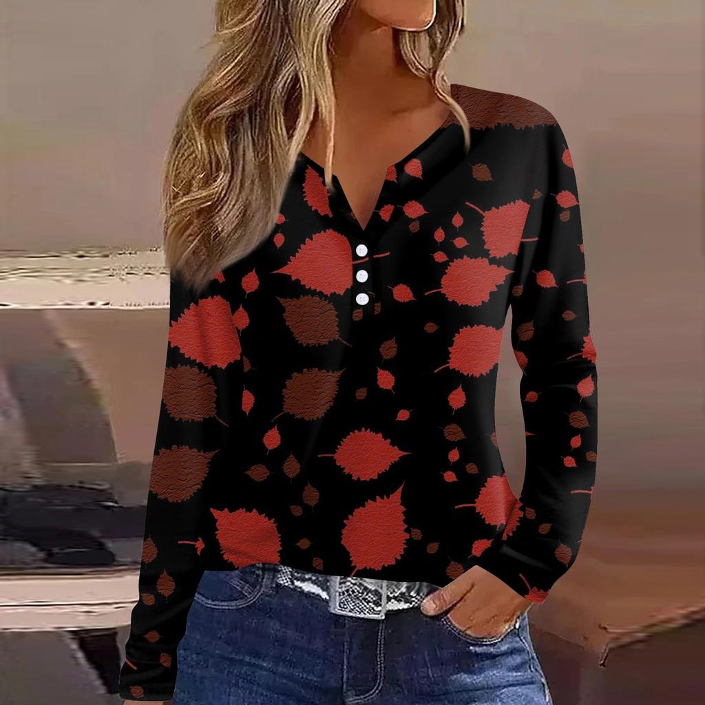 Жен. Футболка Футболка на пуговицах с длинным рукавом Повседневные Выходные Мода Классический Топ с v-образным вырезом Обычный