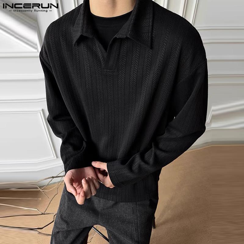 INCERUN Autumn Men Lapel Neck Long Sleeve Texture Pullover Tops