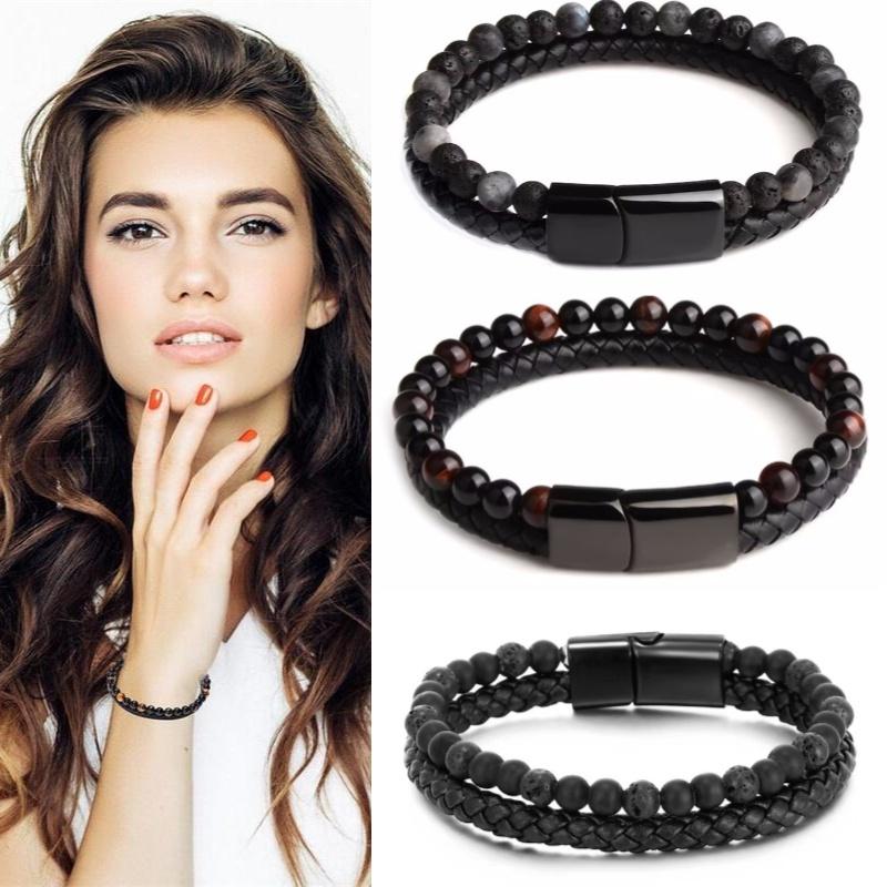 Мужской браслет из вулканического камня в два ряда с застежкой из сплава и кожи, 21 см