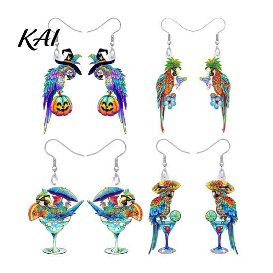 Hypoallergenic Hooks for Sensitive Ears 1 Pair Cute Acrylic Parrot Earrings, Tropical Animal Dangle Vibrant Feather Pattern Earrings Women,