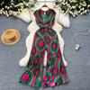 Casual Women Summer Floral Print Jumpsuits Fashion V Neck Sleeveless High Waist Wide Pleated Leg Full Length Rompers