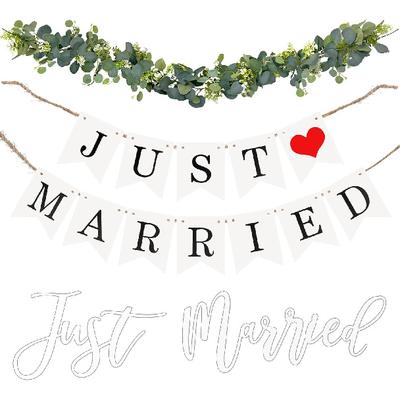 Набор декораций для машины 'Just Married' от Elek Tonny - Баннер и табличка 'Just Married' с цветочной лозой - Декорации для свадебного автомобиля, Автомобильные наклейки