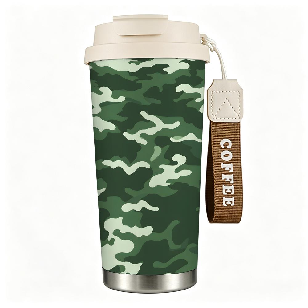 Green Camo Pattern Travel Stainless Steel Insulated Coffee Tumbler Walled Vacuum Thermal Cup for Outdoor Camping Hiking Commute