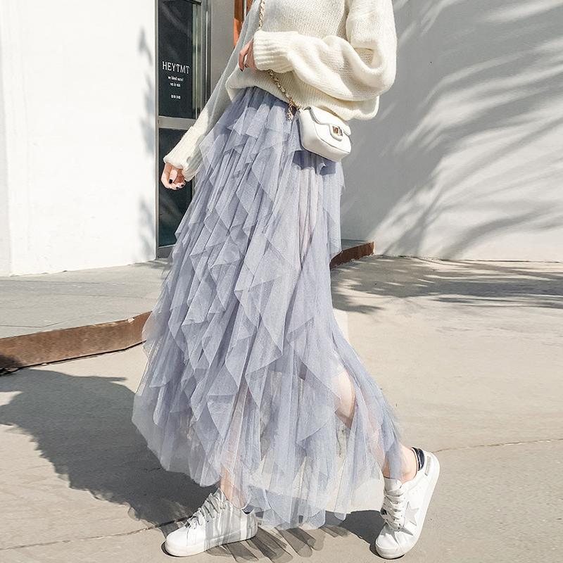 Women Tulle Cake Mesh Skirts Elegant Elastic Waist Fairy Long A-line Tutu Skirt For Spring Summer
