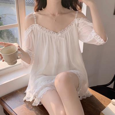 Летняя пижама в стиле принцессы с кружевом и открытыми плечами, женский комплект с бретелями, с низким вырезом и короткими рукавами, домашняя одежда, милая и можно носить на улице