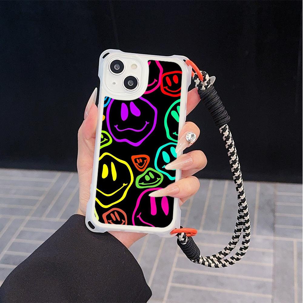 Мягкие чехлы для телефонов Ae88 Lovely Smiley Art для iPhone 16 15 14 13 12 11 Pro Max XR с ремешком на запястье, защитной крышкой для углов