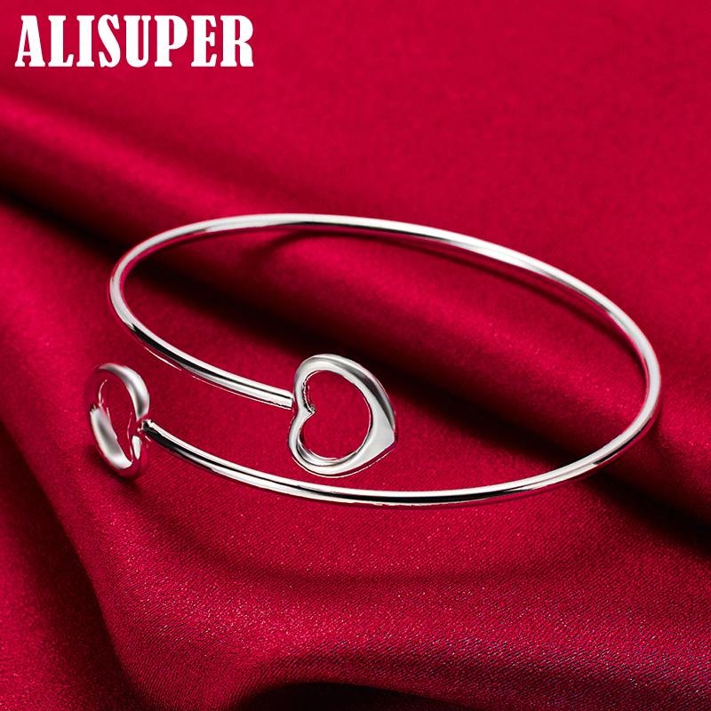 Браслет из стерлингового серебра 925 пробы с двойным сердцем, ювелирные изделия