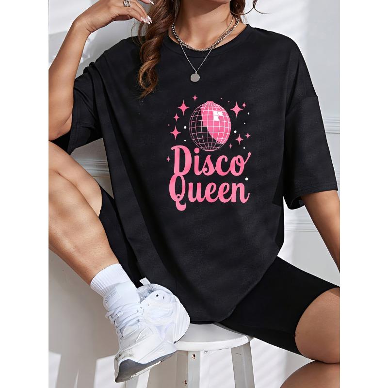 White T Shirt Disco Queen Pink Disco Ball Print Casual Summer Wear