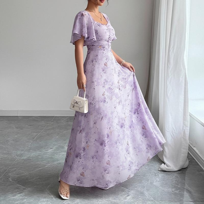 1116 summer new women's clothing, elegant temperament slim floral lotus leaf sleeve dress