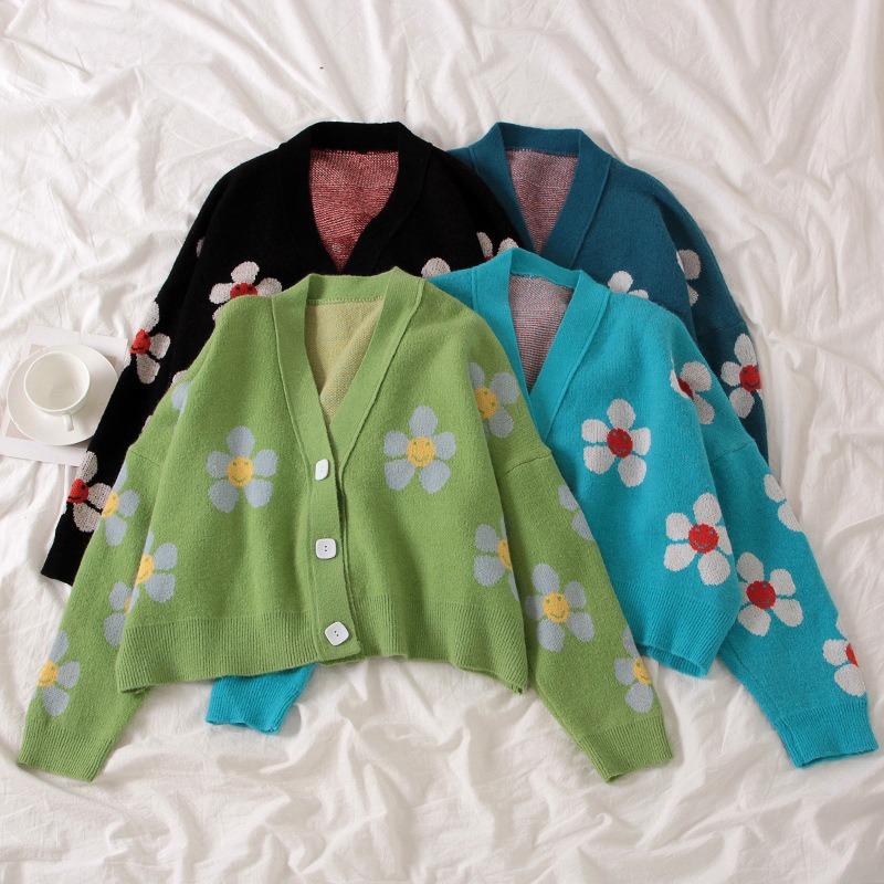 Flower Print Knitted Cardigan Jacket Women Loose V-neck Autumn Single Breasted Cardigans Sweater Winter Tops Long Sleeve Vintage Crop Knitwears 24928