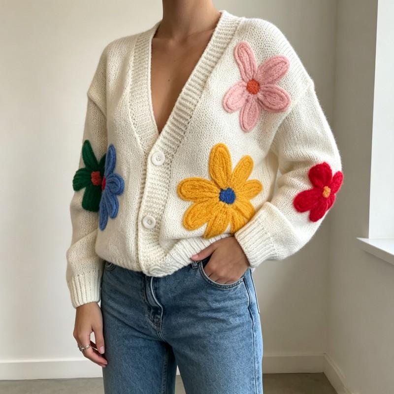 2026 Cute Flower Knit Cardigan Women Loose V-Neck Long Sleeve Sweater Coat