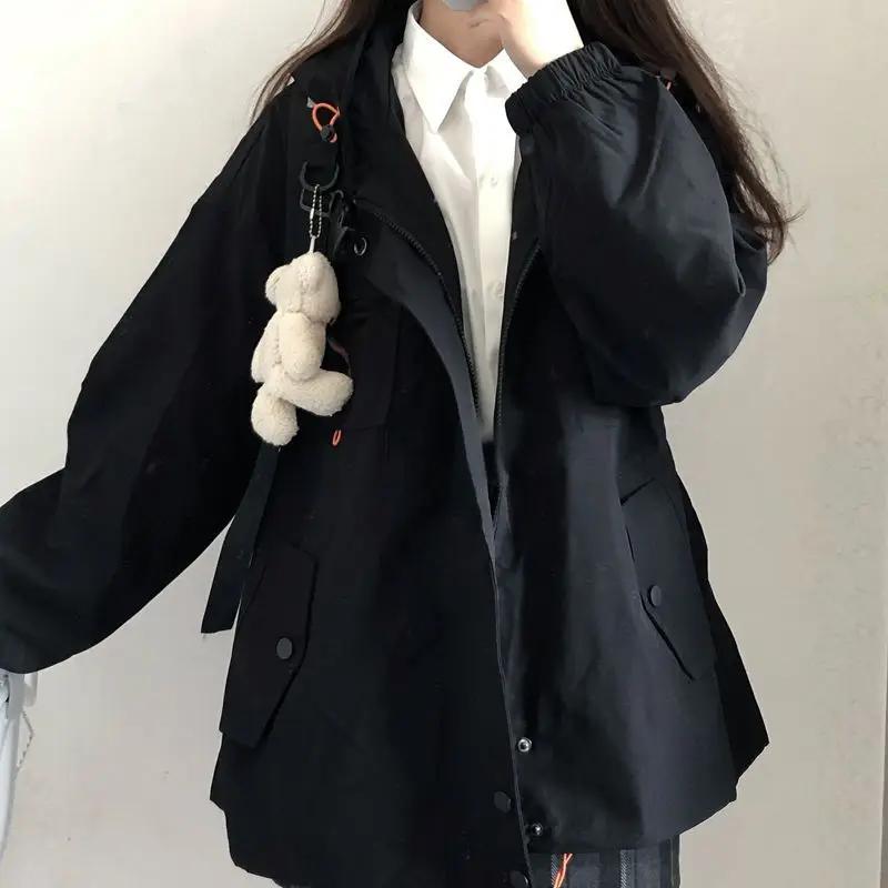 Женская однотонная куртка большого размера Harajuku корейская повседневная свободная куртка с капюшоном весна-осень на молнии для школьниц винтажная уличная одежда