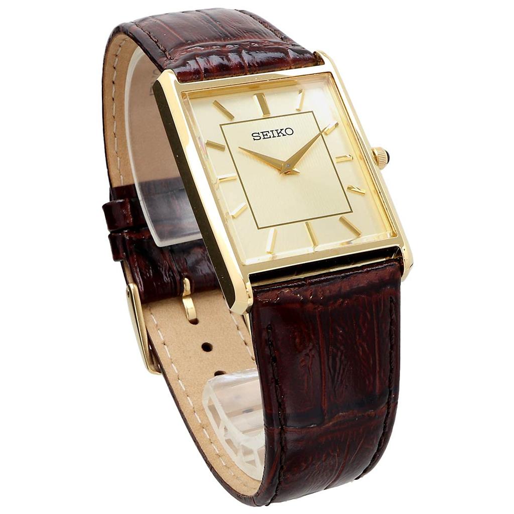 SEIKO Мужские часы Квадратный дизайн Кварцевые SWR064 Циферблат цвета шампанского золота × Коричневый кожаный ремешок