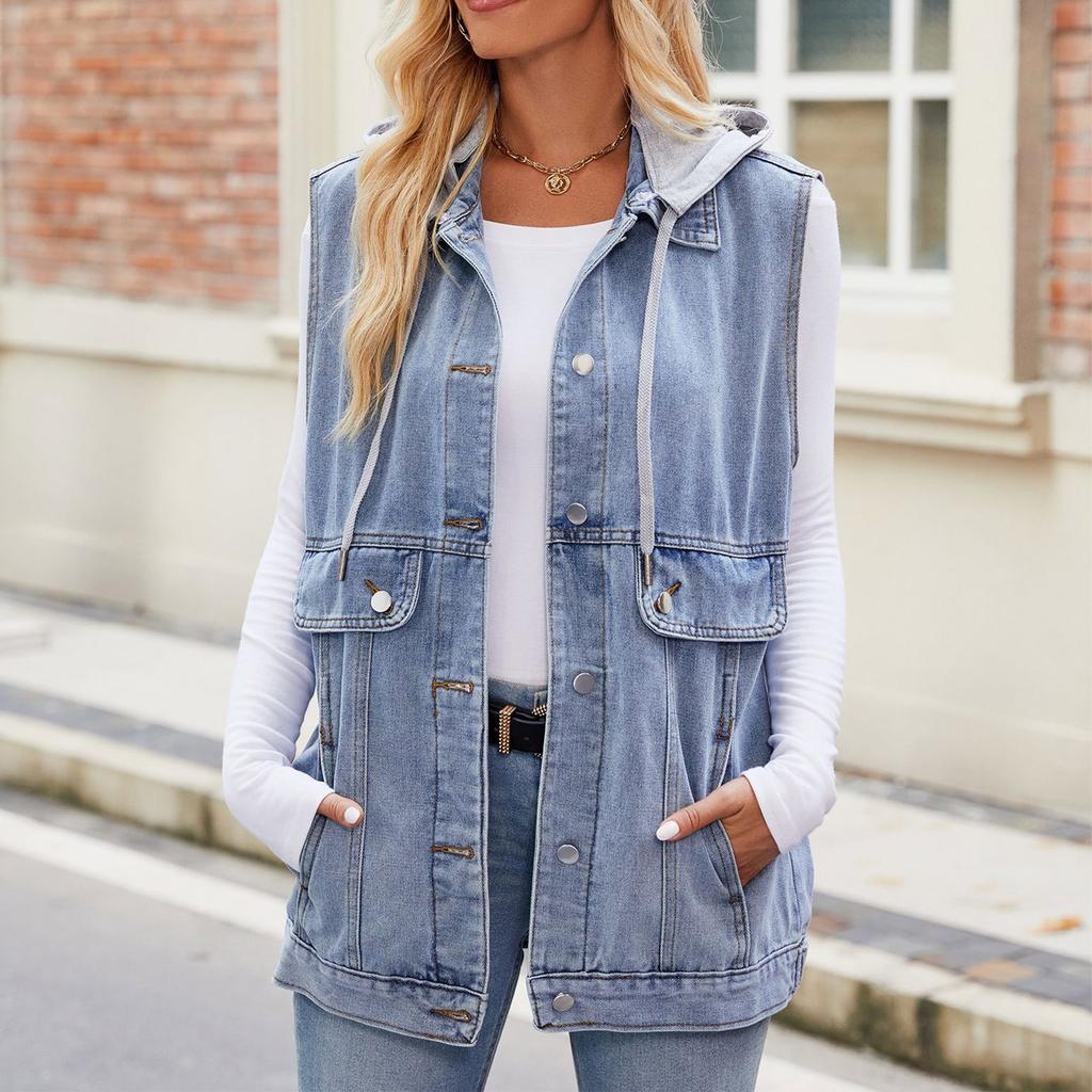 Женский модный джинсовый жилет без рукавов с карманами Джинсовая куртка