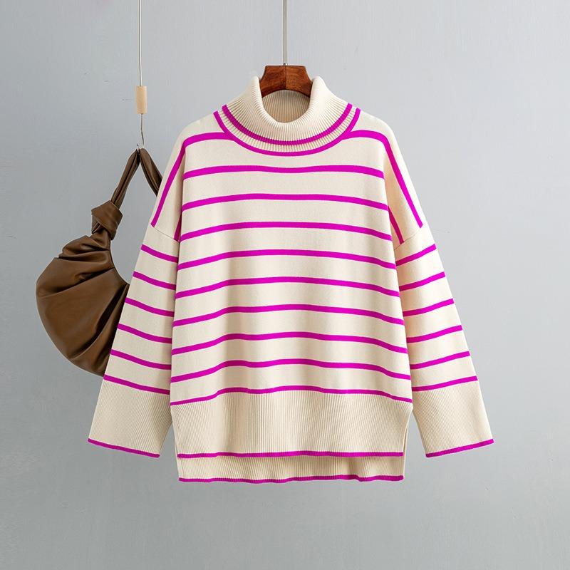 Autumn and Winter Women's Sweater Knit Sweater Pullover Clashing Stripes High Neck Loose Casual Sweater