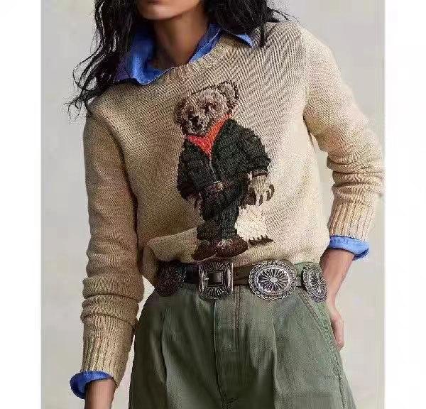 Унисекс шерстяной вышитый свитер с рисунком медведя - повседневный круглый вырез, длинный рукав