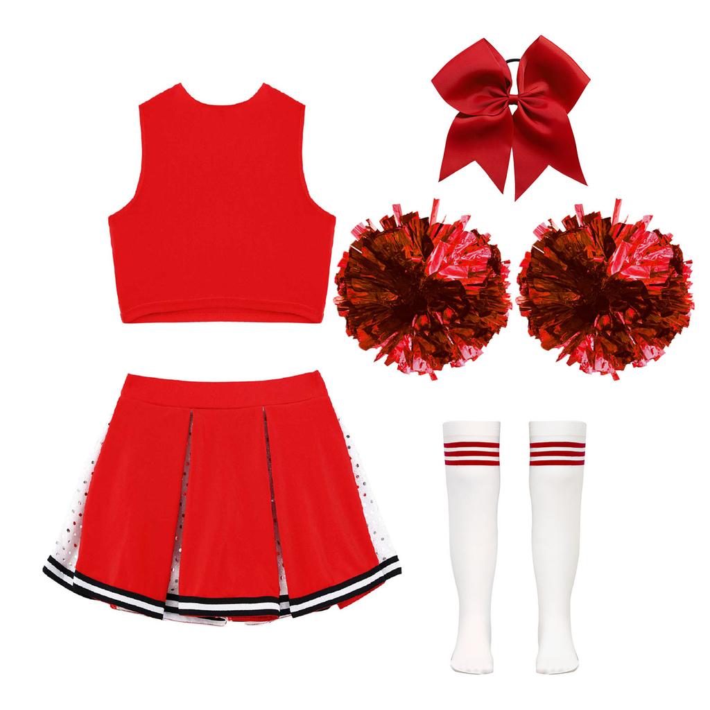 Kids Girls Sparkly Cheer Outfit Crisscross Striped V Neck Crop Top Pleated Skirt and Bow Set