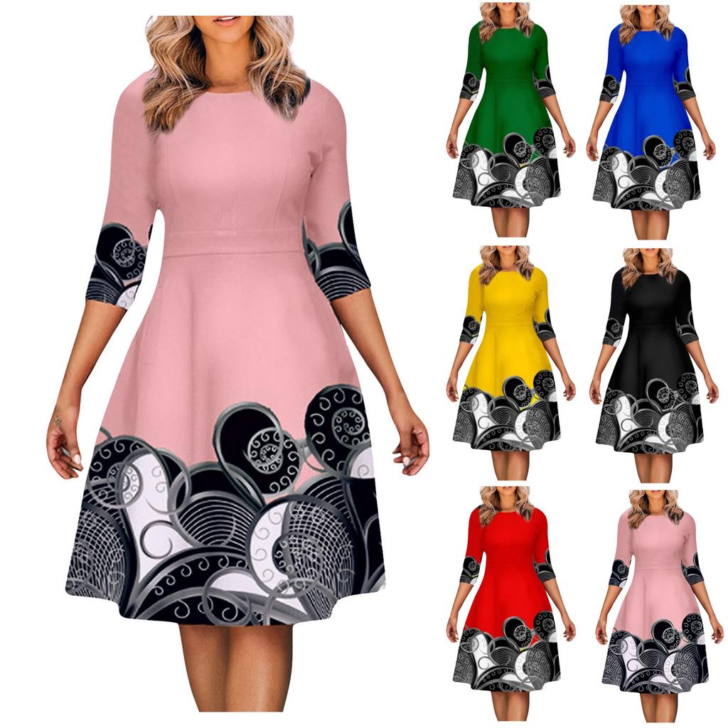 Women's Fashion Casual Crew-neck Half-sleeved Commuting Dress Skirt Large Size Printed Collection Waist Slimming Dress