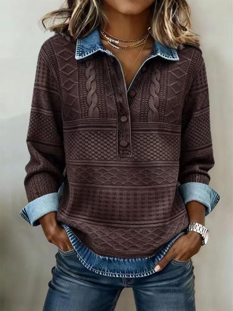 Женская вязаная рубашка с лацканами и длинным рукавом в европейском стиле 2025 года - Универсальная повседневная рубашка с пэчворком из денима для осени/зимы