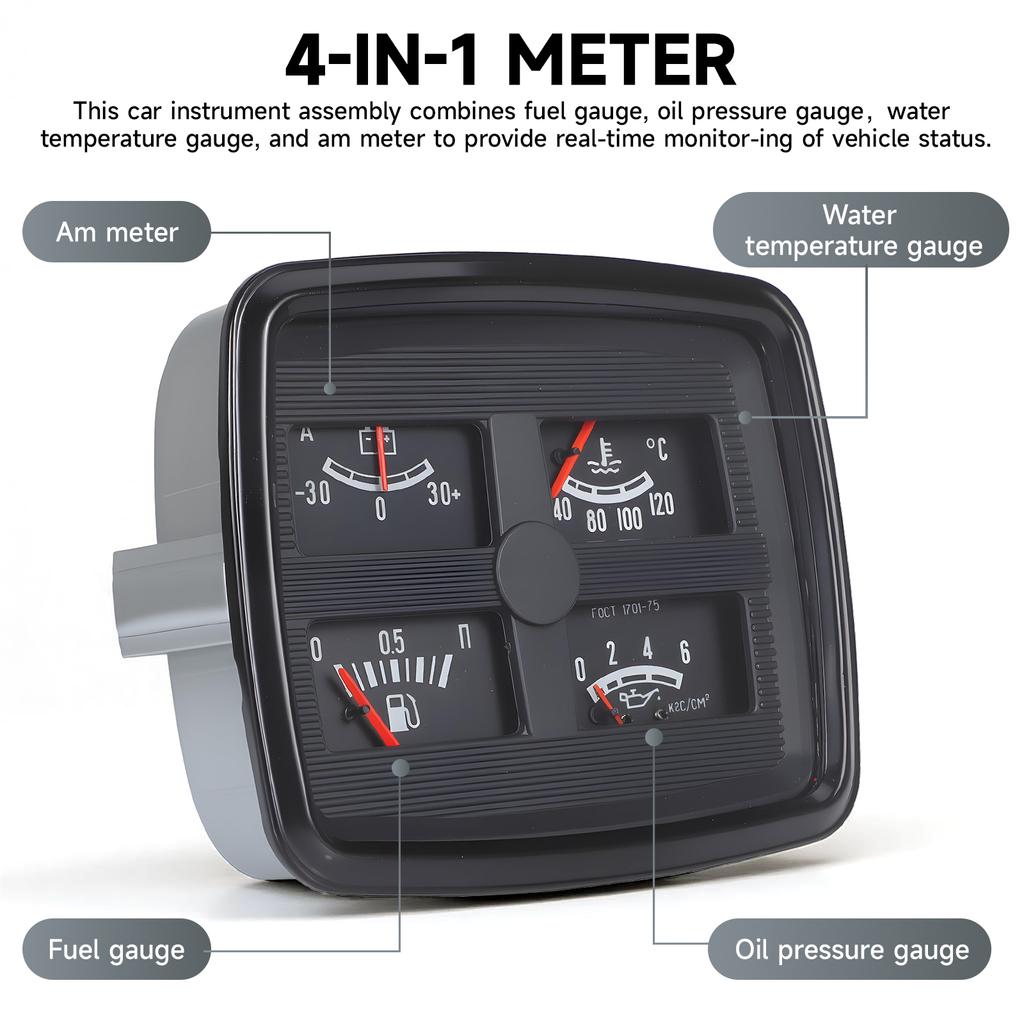 New 4 in 1 Car Instrument Panel Assembly 12V Fuel Level Oil Pressure Gauge Water Temperature Gauge Ammeter Black For Tractor Car