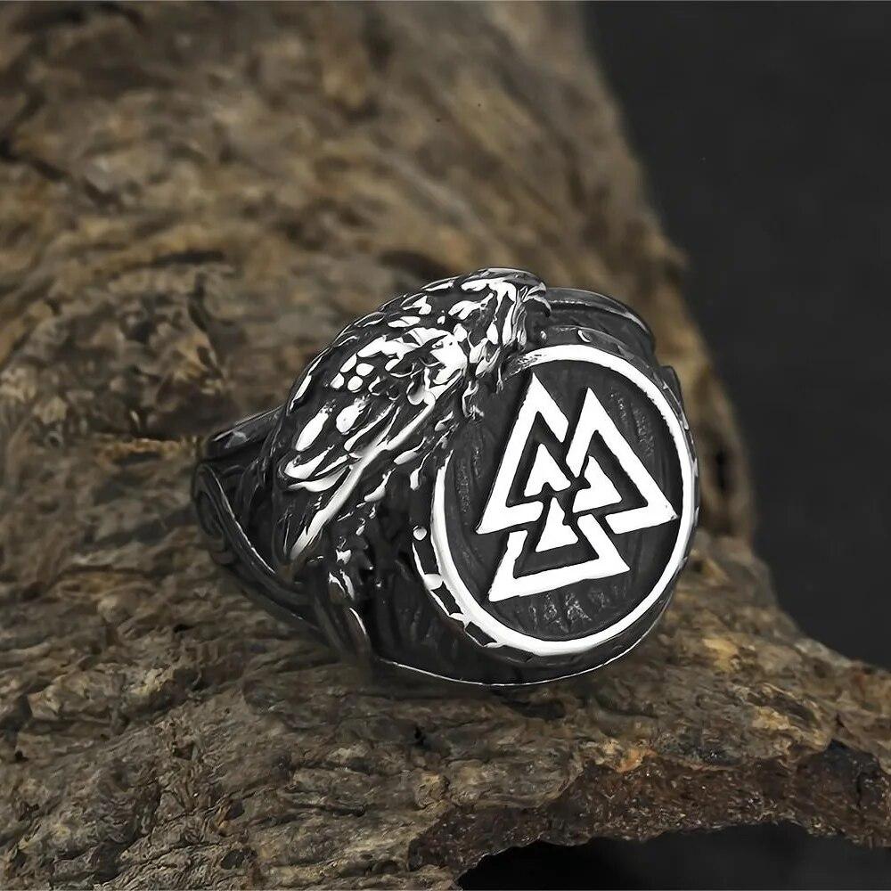 Men Biker Nordic Viking Rings Stainless Steel Retro Nordic Ethnic Belief Odin Viking Rune Ring Men Amulet Jewelry