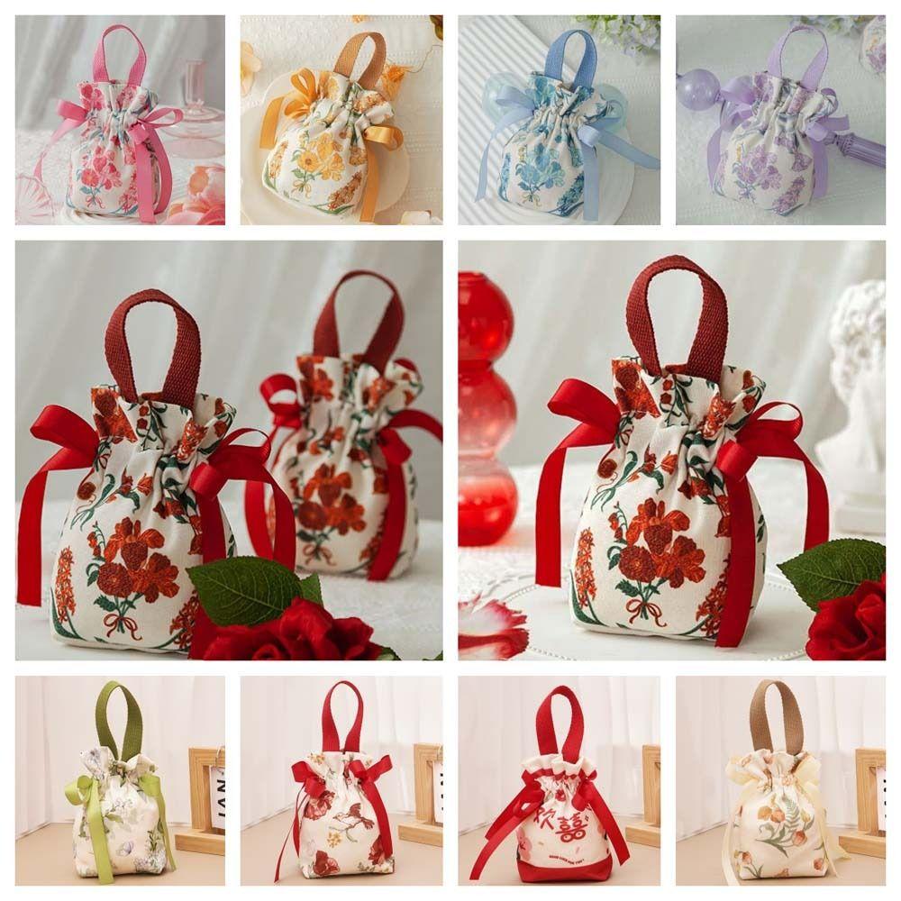 Large Capacity Canvas Drawstring Bag Bird Bowknot Handbag Fashion Festive Sugar Bag Outdoor