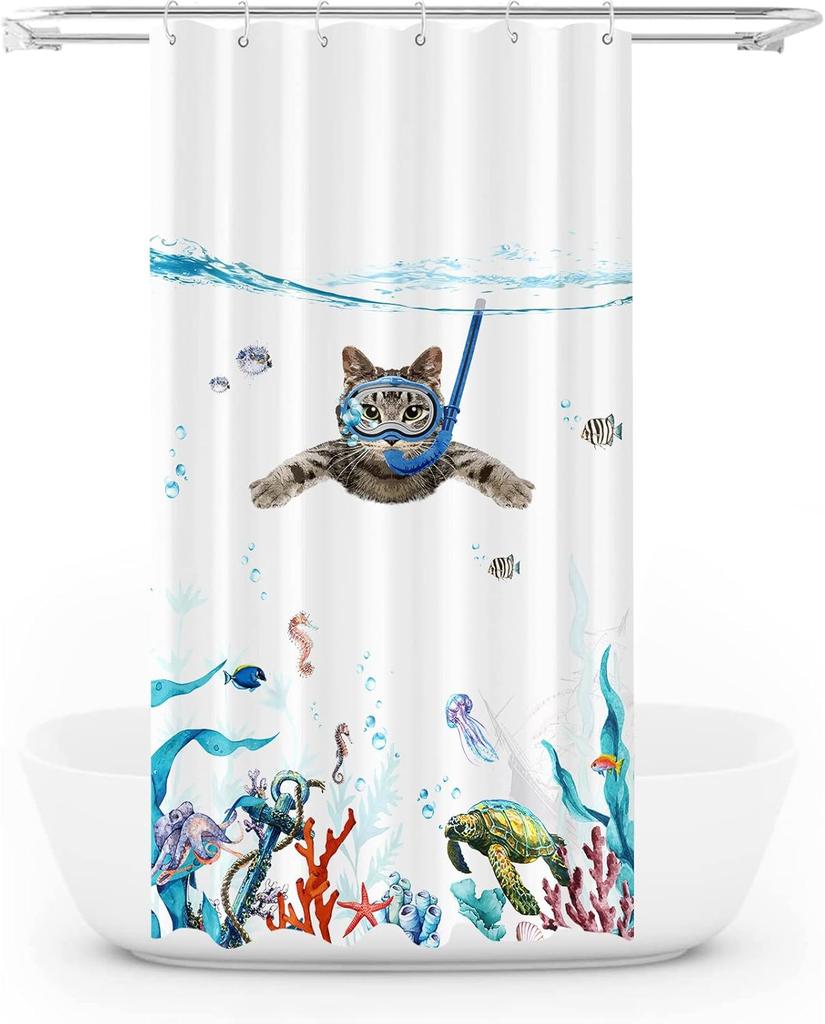 Забавная японская кошка Занавеска для душа Милая Забавная Крутая Кошка Монстр Акула Занавески для душа для ванной Винтажные Океанские волны Аниме Детские