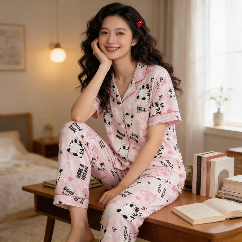 Imitation cotton cardigan pajamas women's summer short-sleeved trousers pastoral cartoon little yellow duck loose and comfortable loungewear