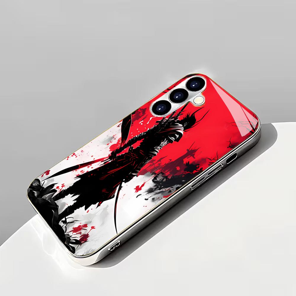 Japanese Samurai Pattern Silver-Plated Glass Shockproof Phone Case For Samsung Galaxy S26/S25/S24/S23/S22 Ultra Plus/Fe