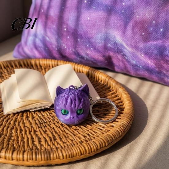 Cat Bag Charm 3D Printed Head Keychain, Cute Kawaii Kitten with Pearlescent Finish & Bright High-end Accessory Green Eyes, Lightweight Animal Pendant