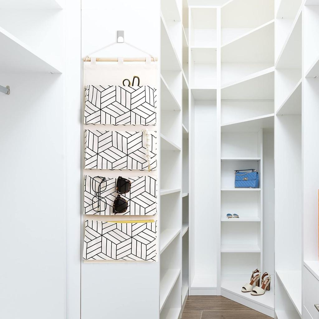 Over Door Hanging Storage Bags Wall Mount Closet Organizer, 4 Big Pockets Linen Cotton Fabric Living Room Bedroom Bathroom