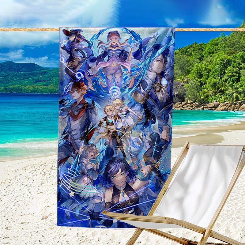 proof beach towel with a Genshin Impact characters pattern - soft,absorbent,quick-drying,machine washable - perfect for swimming,camping,bathing