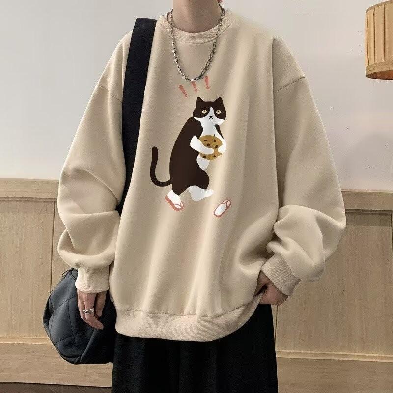 Осенняя мужская свободная толстовка с капюшоном, весенний пуловер большого размера с круглым вырезом, черная толстовка с топом с кошачьим принтом