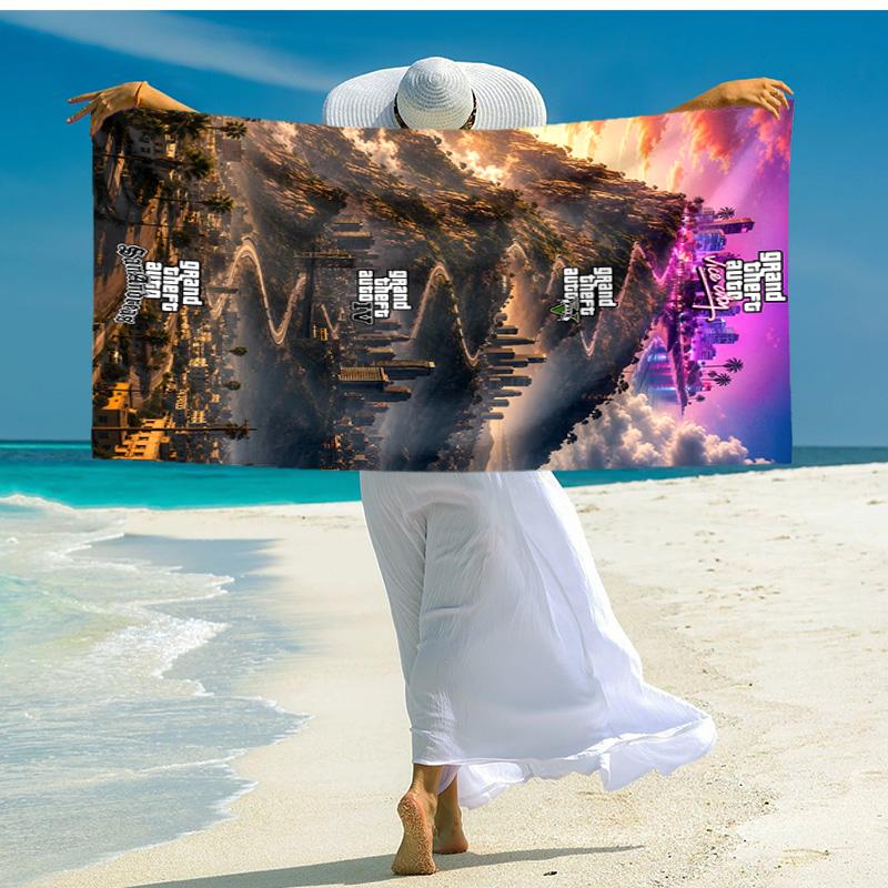proof beach towel with Game Grand Theft Auto pattern - soft,absorbent,quick-drying,machine washable - perfect for swimming,camping,bathing