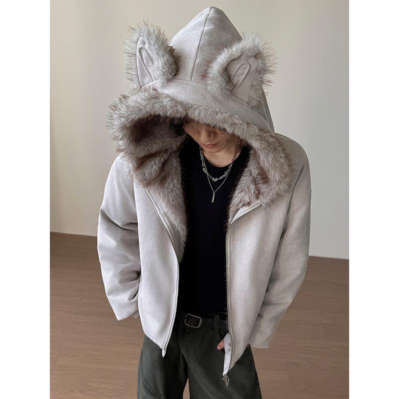 Куртка American Eagle с меховым воротником из замши и кошачьими ушками - Осенне-зимняя укороченная верхняя одежда с плюшем