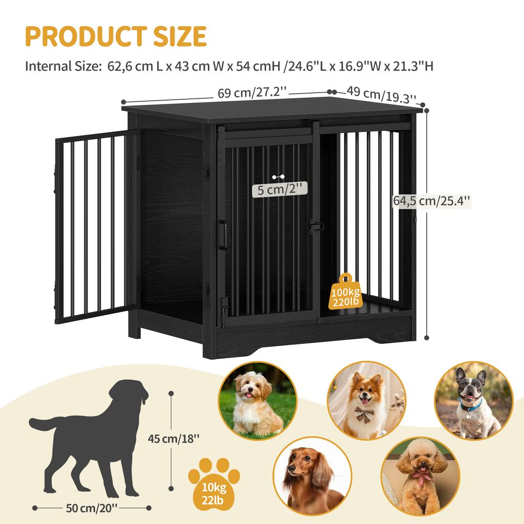 Dog Cage Furniture, 69 cm Dog Crate, 2 Doors, Modern Dog Cage Indoor for Small/Medium/Large Dogs, Side Table, for Home