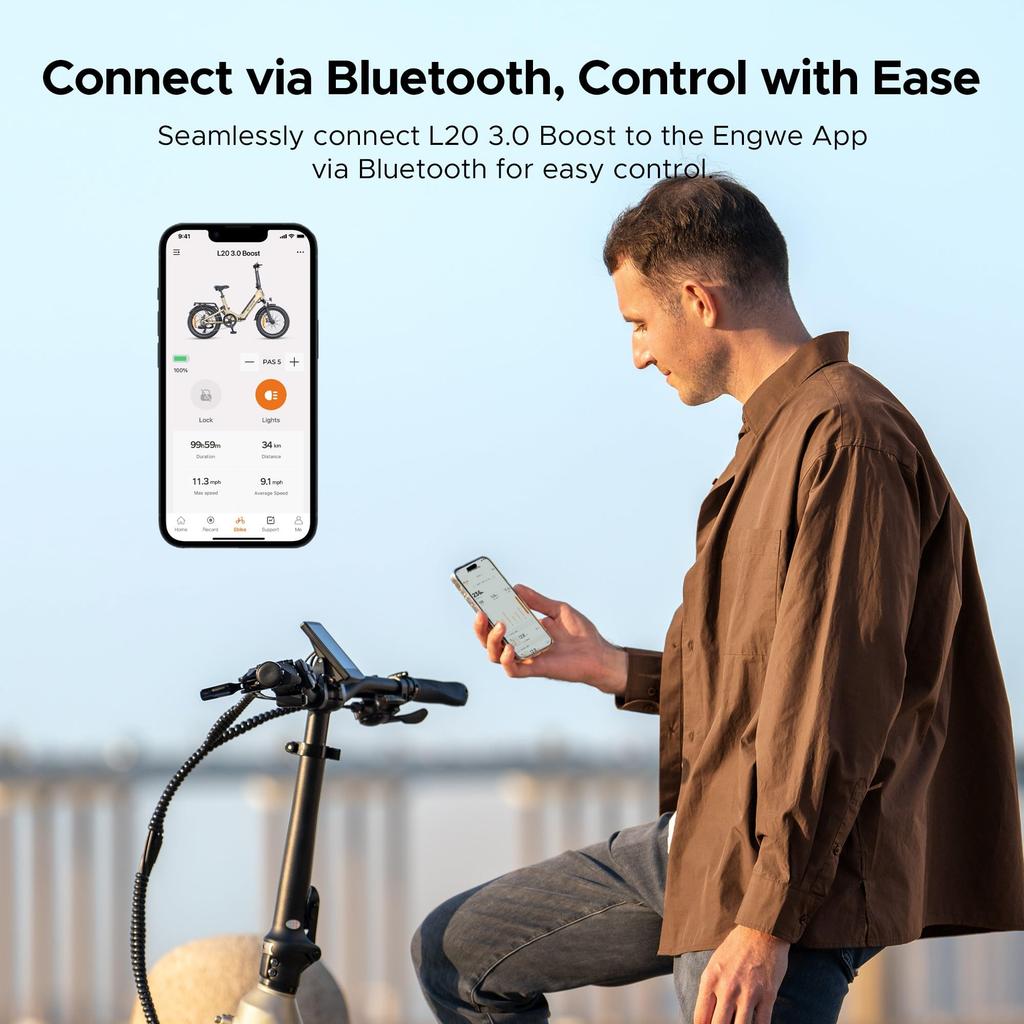 Электрический велосипед ENGWE поставляется с приложением, аккумулятором 48 В 13,5 Ач (запас хода до 135 км), и шины 20*3.0.L20 3.0 BOOST