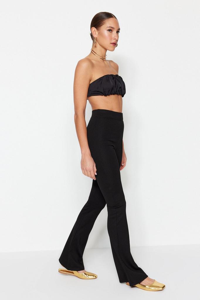 Women's Style Plus Size Black Ribbed Elastic Waist Flare Flare Leg High Waist Knitted Trousers