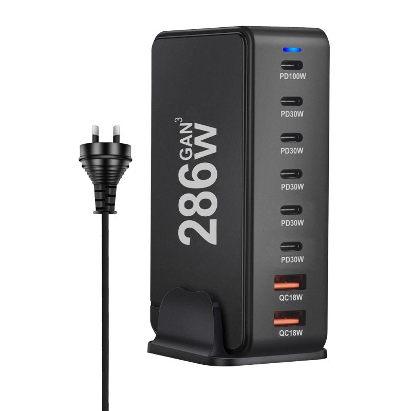 Многопортовая зарядная станция с выходной мощностью 286 Вт, 6 USB C и 2 USB-слота, настольный держатель-подставка для зарядки планшетов и телефонов