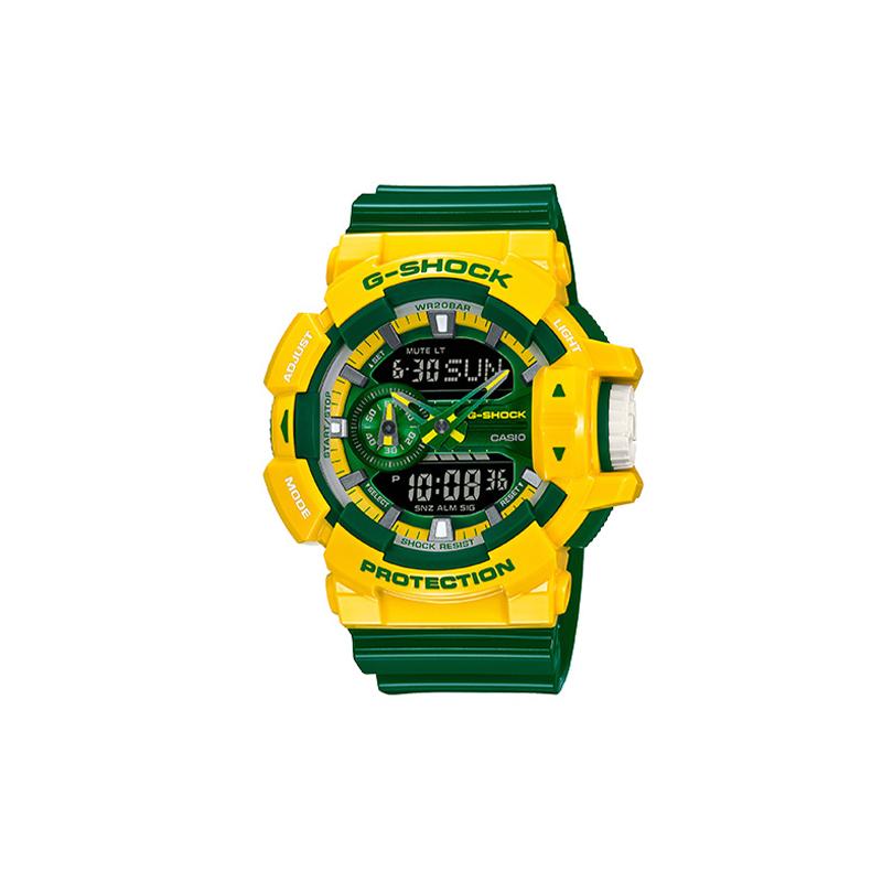 Casio Серия с двойным дисплеем LCD/Стрелки Яркие контрастные цвета Спортивные водонепроницаемые Бразильские цвета Интуитивное управление Вращающаяся заводная головка Большие GA-400CS-9APR
