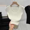 Летняя мода бисерный женский вязаный жилет 2025 тонкий облегающий безрукавный топ с круглым вырезом однотонный повседневный простой элегантный блузка рубашка одежда