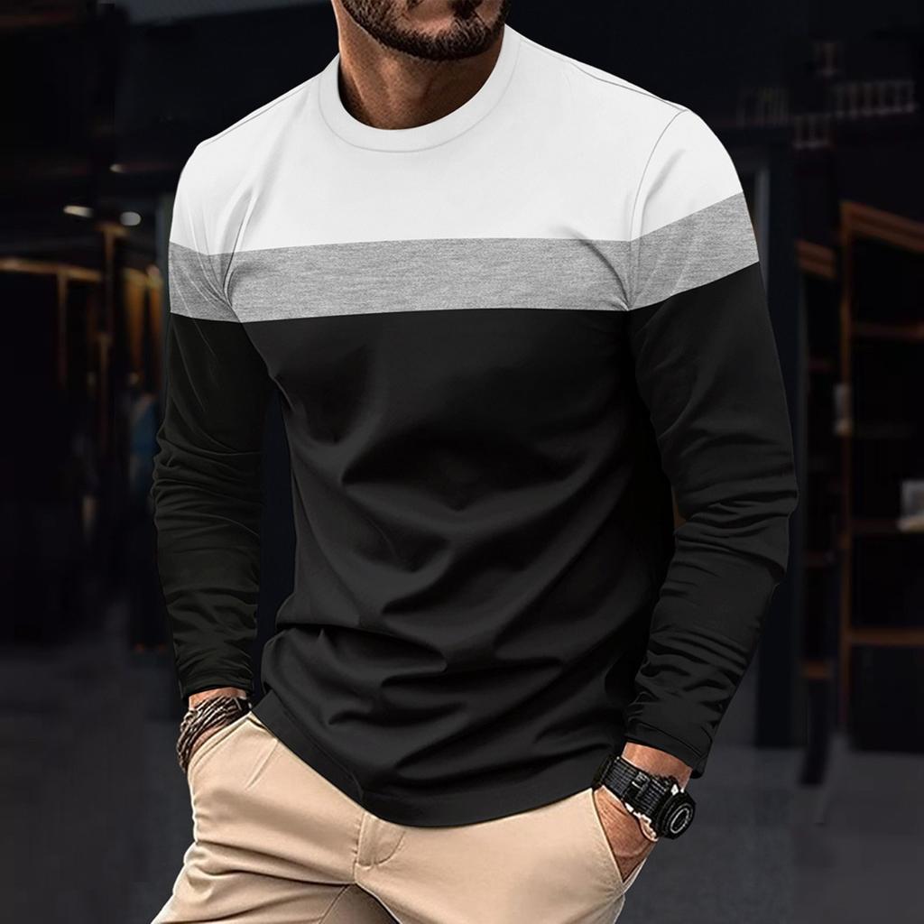 Autumn and Winter Plus Size Round Neck Long Sleeved Color Blocked Base Shirt Pullover Men's T-shirts