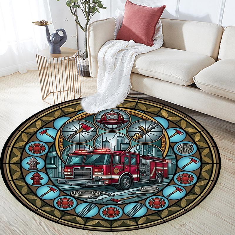 Fire Truck Glass Round Area Rug Under Office Chairs Bedroom Living Room Home Decor